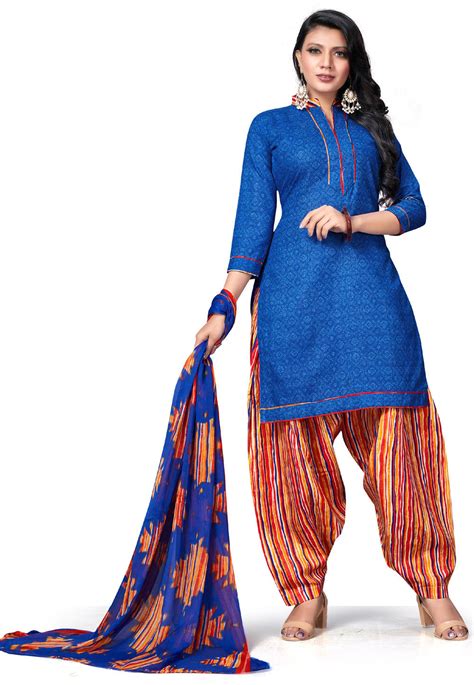 Printed Cotton Punjabi Suit In Royal Blue Kye1691