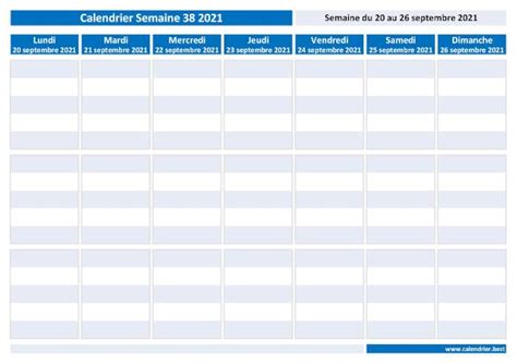 Semaine 38 2021 Dates Calendrier Et Planning Hebdomadaire à Imprimer