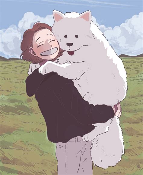 A Person Hugging A Large White Dog In A Field