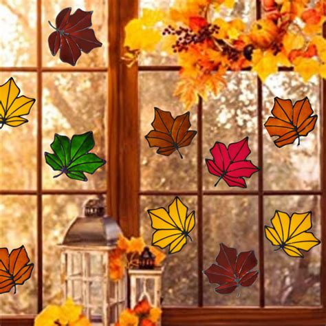 Faux Stained Glass Window Clings 6pkg Fall Leaves Colorful Impressions