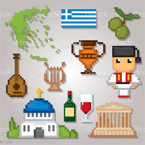 Greece Culture Symbols Icons Set Pixel Art Old School Computer Stock