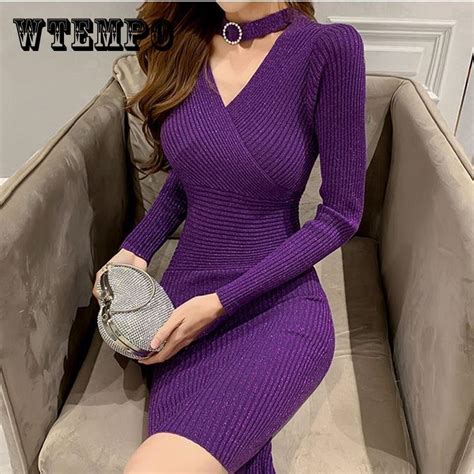 buy autumn winter sweater dress for women stretch knitted dresses female mid length wrap hip