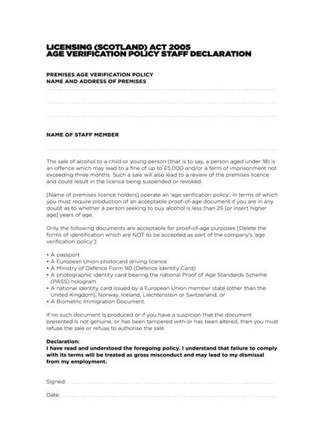 Age, sex, race, disability, pregnancy, marital status, sexual orientation, gender reassignment and religious. Licensing Act Age Verification Policy Staff Declaration - Fill Out and Sign Printable PDF ...
