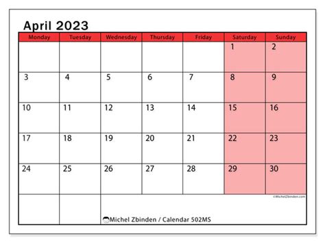 April 2023 Printable Calendar “502ms” Michel Zbinden Ca