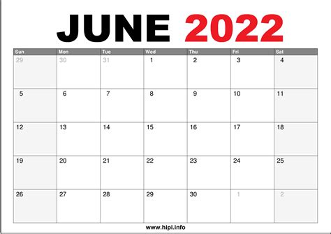 June 2022 Calendar Printable Us