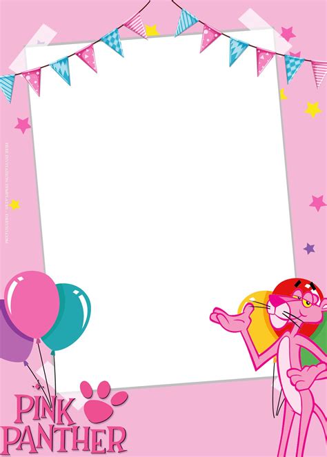 A Pink Panther Birthday Card With Balloons And Streamers