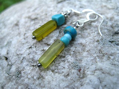 Drop Earrings Pale Olive Glass And Turquoise Bead Earrings Etsy