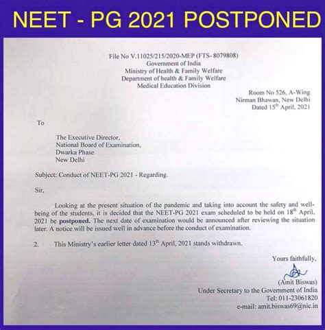 No other entrance examination, either at state or institution level. NEET PG 2021 Postponed, New Date to be Announced Later ...