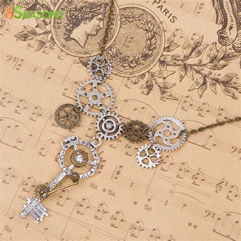 8seasons Steampunk Statement Necklace Link Chain Antique Bronze Gear