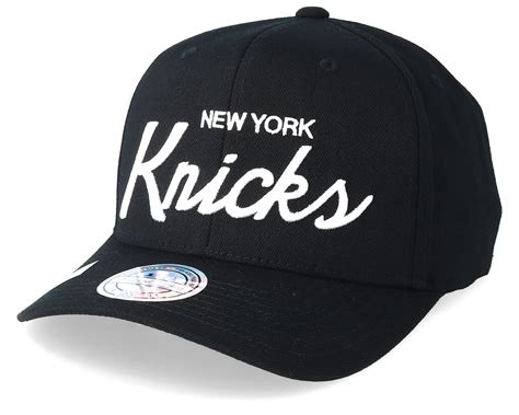 High quality team logo embroidery at front and mitchell & ness at back one size. New York Knicks Classic Script 110 Black Adjustable ...