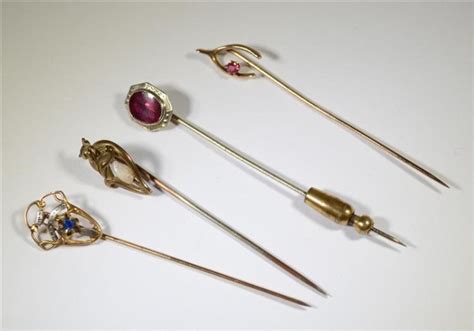 Antique Vintage Lot Of Four Stick Pins Three Are 10k Gold S