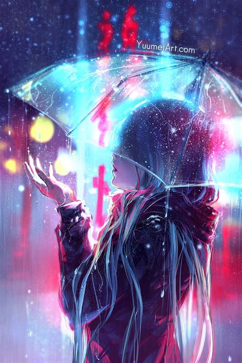 Hd Wallpaper Yuumei Anime Girls Umbrella Rain Long Hair City