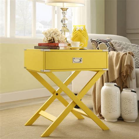 Weston Home Modern End Table With X Base Legs And Drawer Yellow