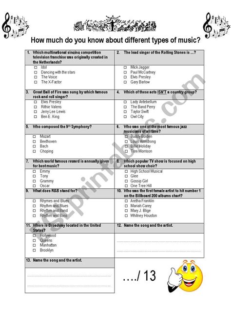 Music Quiz Esl Worksheet By Lauraderoeck