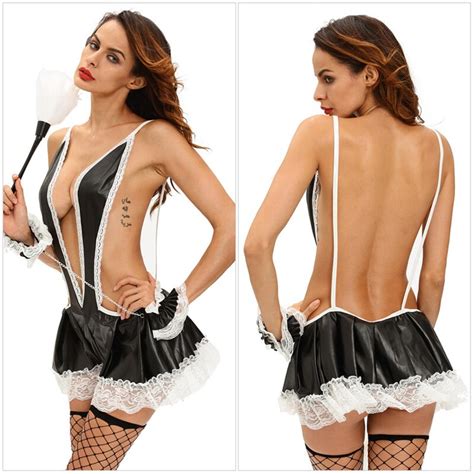 Aliexpress Com Buy Sexy Hot Women Black French Maid Lingerie Lace Trim Backless Nightdress