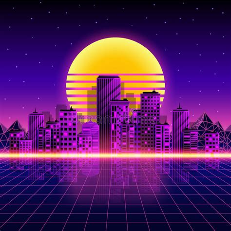 Retro Neon City Background Neon Style 80s Vector Illustration Stock