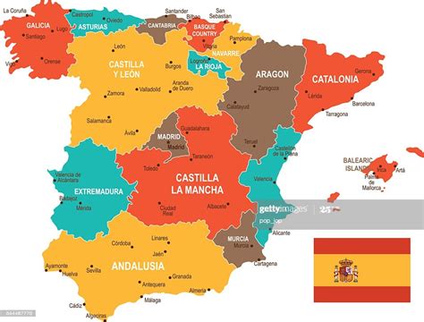 The map shows spain and neighboring countries with international borders, the nation's capital madrid, provinces and autonomous communities capitals, major cities, main roads, railroads, and major airports. Colored Spain Map High-Res Vector Graphic - Getty Images