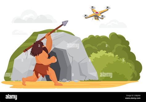 Stone Age Primitive Man Hunting On Drone With Spear Weapon Near Rock