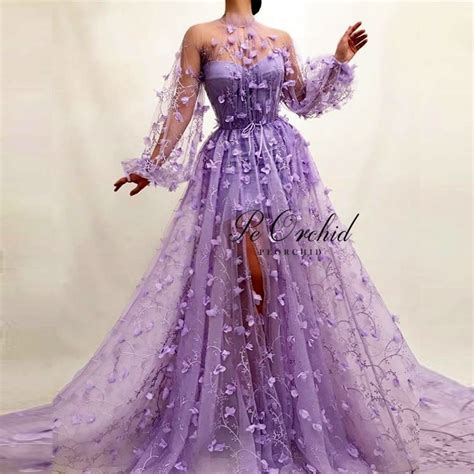 Peorchid Fitted High Slit 3d Floral Prom Dress Purple 2019 Floor Length
