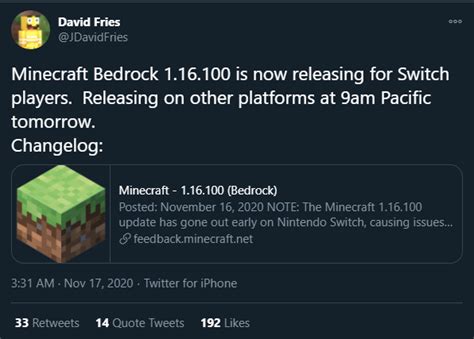 Minecraft bedrock beta update 1.17.0.54 has been released today (april 6) and here are the complete patch notes of the same. MINECRAFT POCKET EDITION/BEDROCK 1.16.100 Full Release ...