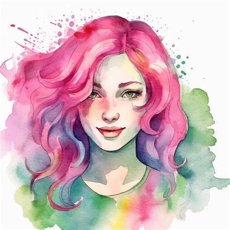 Watercolor Clipart Of A Girl With Pink Hair Green Eyes She Is The
