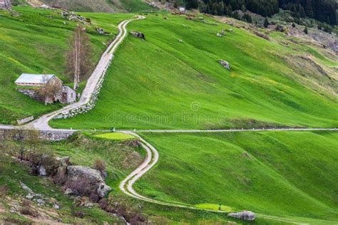 Winding Road Among Green Meadows Stock Photo Image Of Meadow
