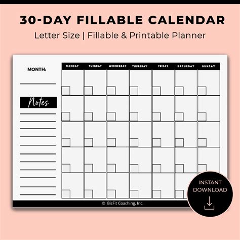 Fillable 30 To 31 Days Calendar Monthly Planner Editable And Etsy Uk