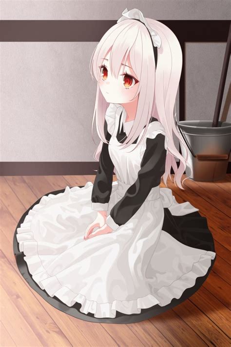 Characters can have only green eyes or red eyes or even both! Wallpaper Anime Maid Girl, White Hair, Red Eyes, Sitting, Loli, Cute - WallpaperMaiden