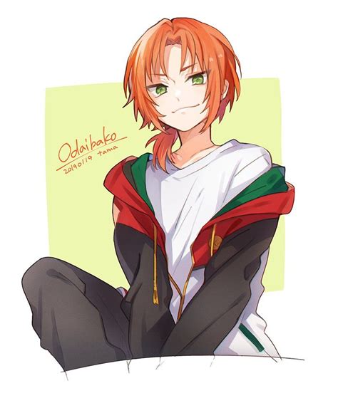 An Anime Character With Red Hair And Green Eyes Sitting On The Ground