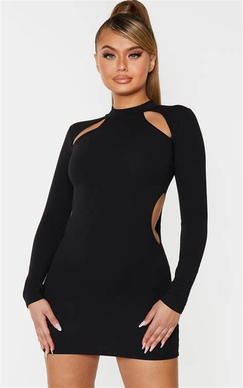 Black High Neck Long Sleeve Cut Out Bodycon Dress Prettylittlething Aus