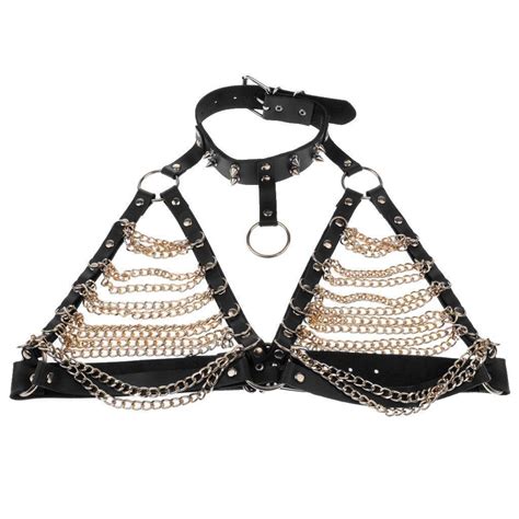 Women Leather Strappy Cage Bra Harness Choker Metal Rings Chain Chest