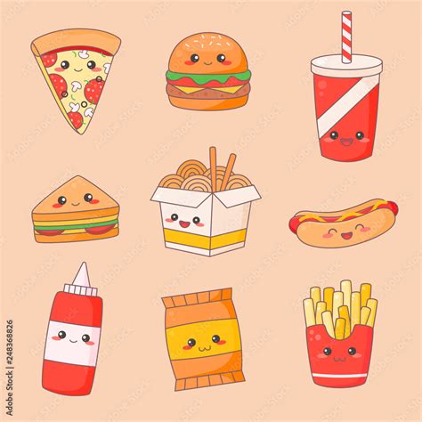 Vecteur Stock Fast Food Junk Kawaii Cute Face Set Hamburger And Hotdog
