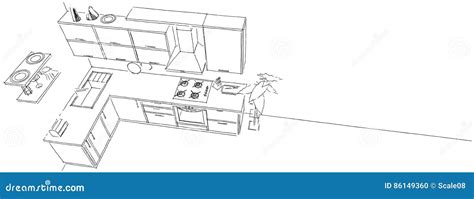 Outline Sketch Drawing Of Contemporary Kitchen Interior On Long Background Top View Stock