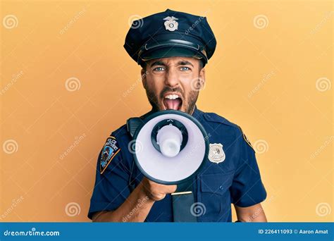 American Police Officer Shouting Through Megaphone Yelling And