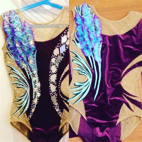 Two Bodysuits With Blue And Purple Designs On Them One In The Shape Of