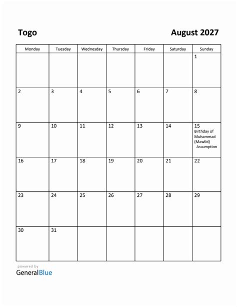 Free Printable August 2027 Calendar For Togo