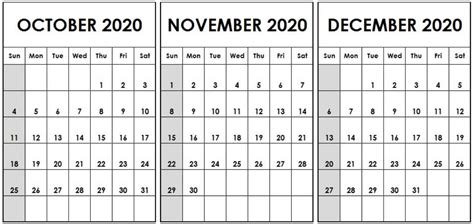 October November December 2020 Calendar Template October Calendar