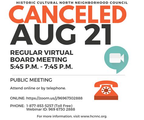 Cancelled 會議取消 Reunion Cancelada August 21st Regular Board Meeting