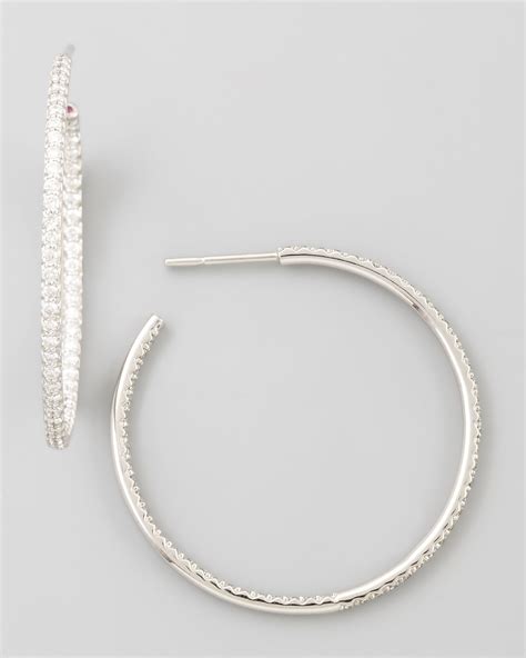 Lyst Roberto Coin Mm White Gold Diamond Hoop Earrings In Metallic