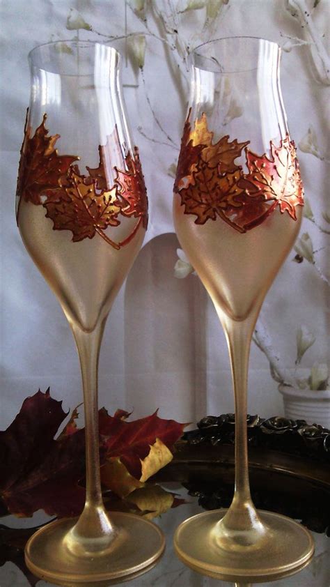 Autumn Set Of 2 Hand Painted Wedding Champagne Flutes Maple Leaf
