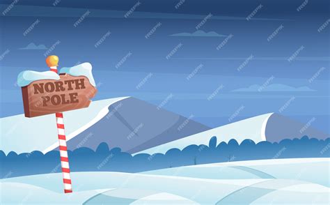 Premium Vector North Pole Road Sign Snowy With Snow Trees Night