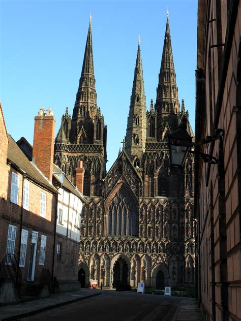 Three Spires of Lichfield Cathedral and Crooked Tudor houses, Lichfield