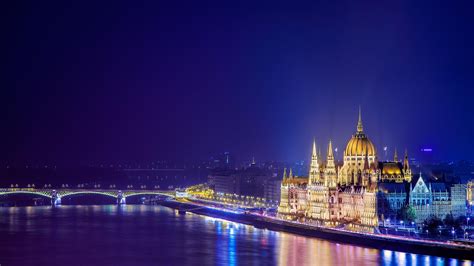 Cityscape Danube Scenery Night Lights Lights River Parliament