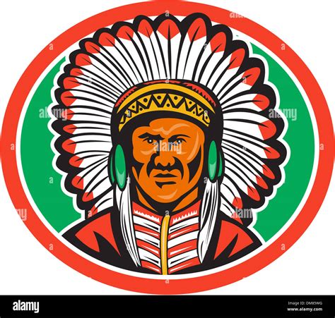 Illustration Of A Native American Indian Chief Looking From Front Set