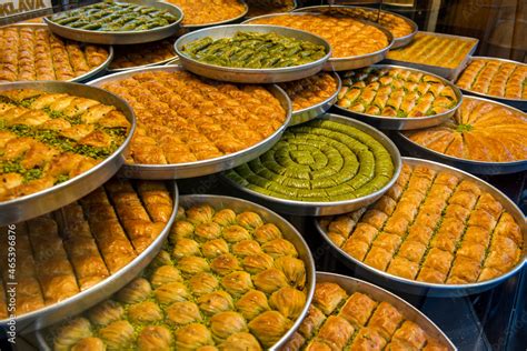 Baklava Varieties On Dessert Store Turkish Baklava On Tray