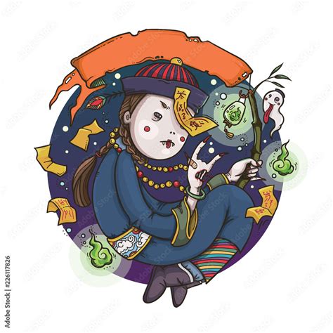 Vector Illustration Of Jiangshi Chinese Hopping Vampire Ghost Holding