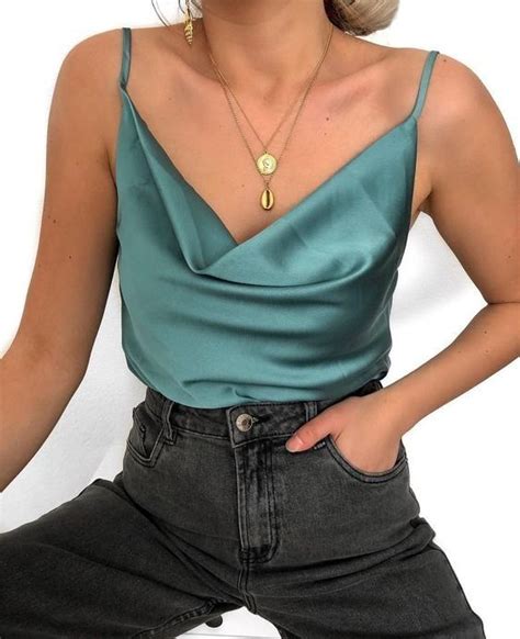 Spring Outfit Summer Outfit Satin Top Green Top Jeans Black