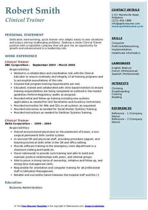 Clinical Trainer Resume Samples Qwikresume