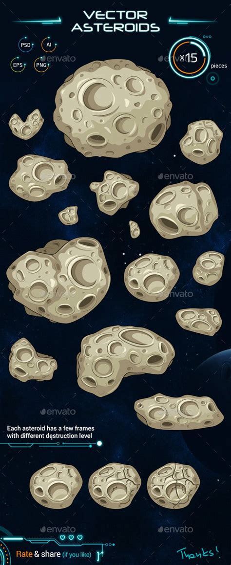 Set Of Vector Asteroids Sprites On Behance Cartoon Space Asteroid