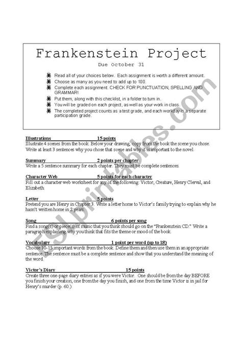Frankenstein Project Esl Worksheet By Kmtr